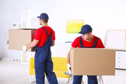 Removal van team carrying boxes safely with protective equipment