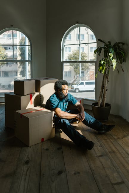A man with curly hair sitting on the floor inside a residential property next to several cardboard moving boxes with red tape, positioned near large arched windows that let in natural light, revealing a street with parked cars and buildings outside. The room features wooden flooring, and a tall potted plant is located to the right of the man. The scene depicts a home relocation environment, with the man appearing to rest during packing and moving activities. The setting aligns with professional removals and furniture transport services provided by Removal Van Hounslow, illustrating the process of packing and preparing for a house move.